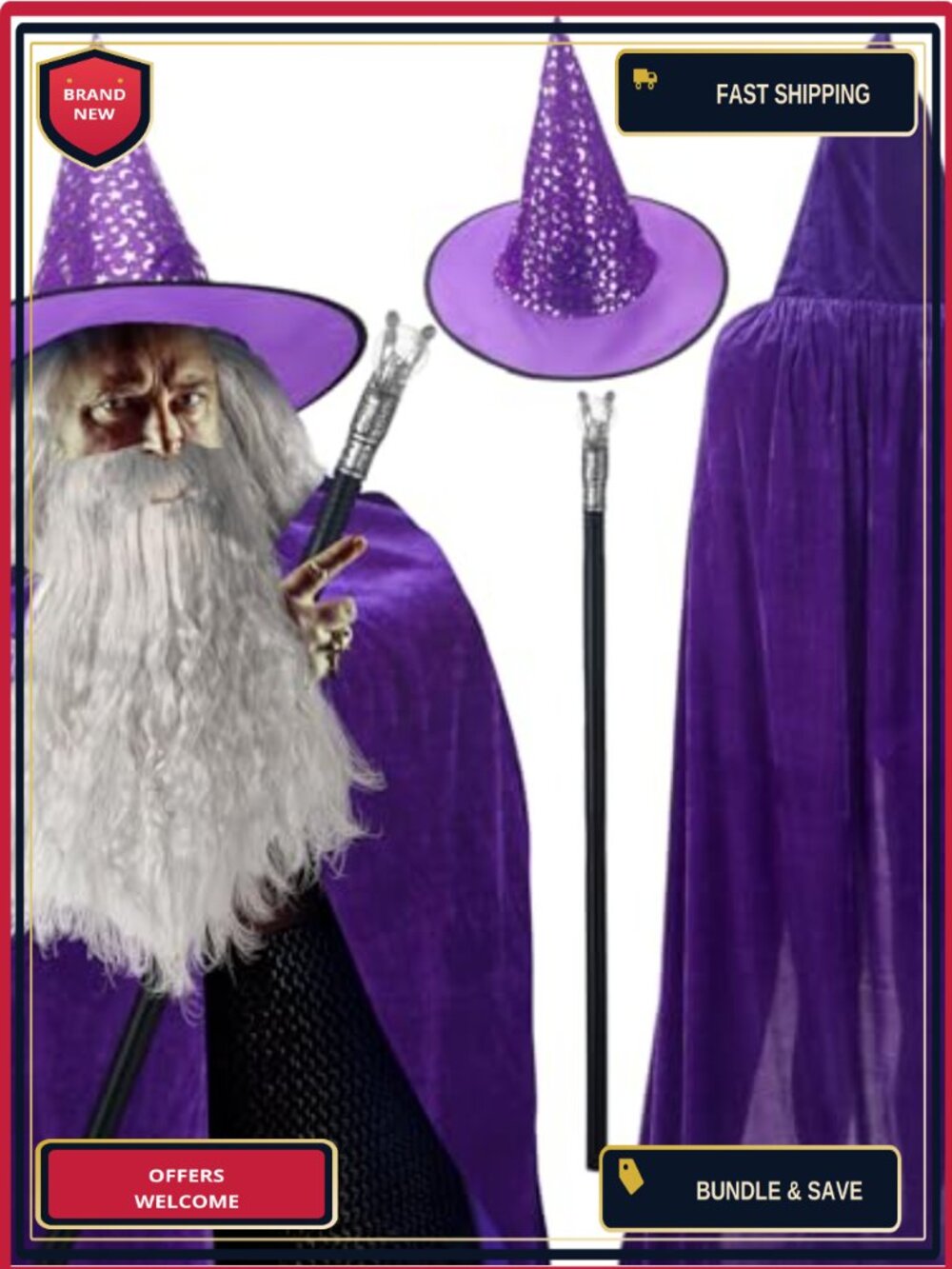 4 Pc Adult Wizard Costume Set Velvet Robe Hat Beard Wand Halloween